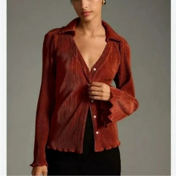 NWT Anthropologie Dolan Lettuce Hem Button Down Top Brown Size XS - Picture 3 of 12